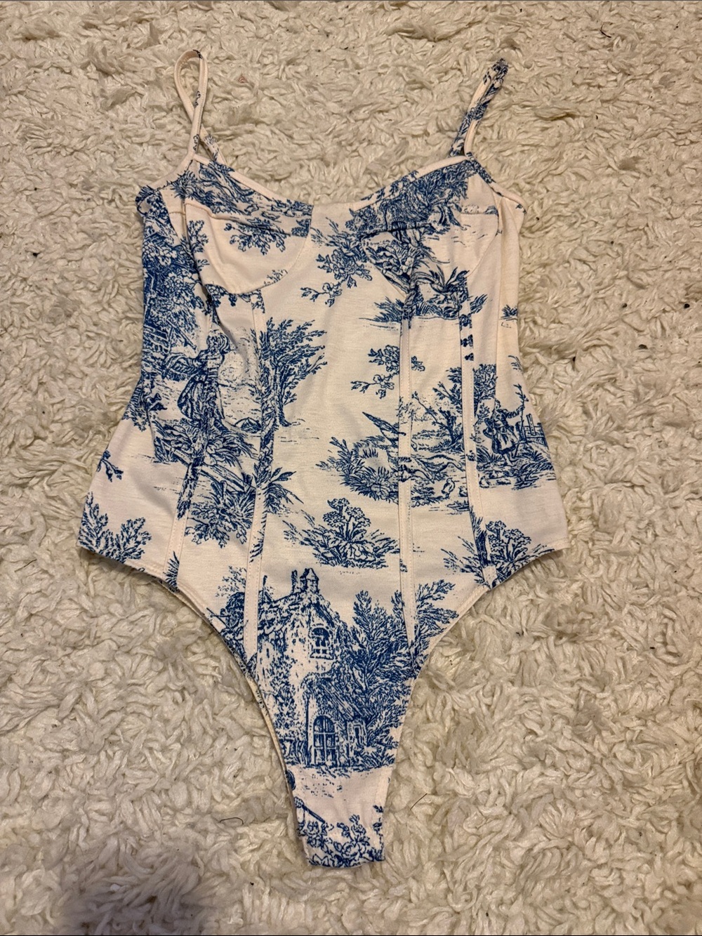 Cider Blue and Cream Toile Printed Faux Corset Bodysuit